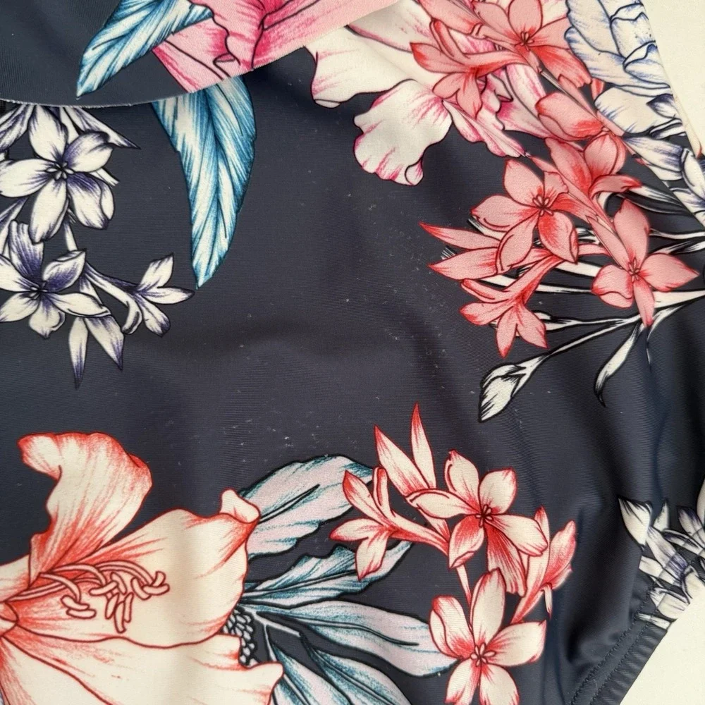 Venus Floral One‎ Piece Swimsuit Womens Sz 6 Navy Ruffle Off Shoulder Tropical